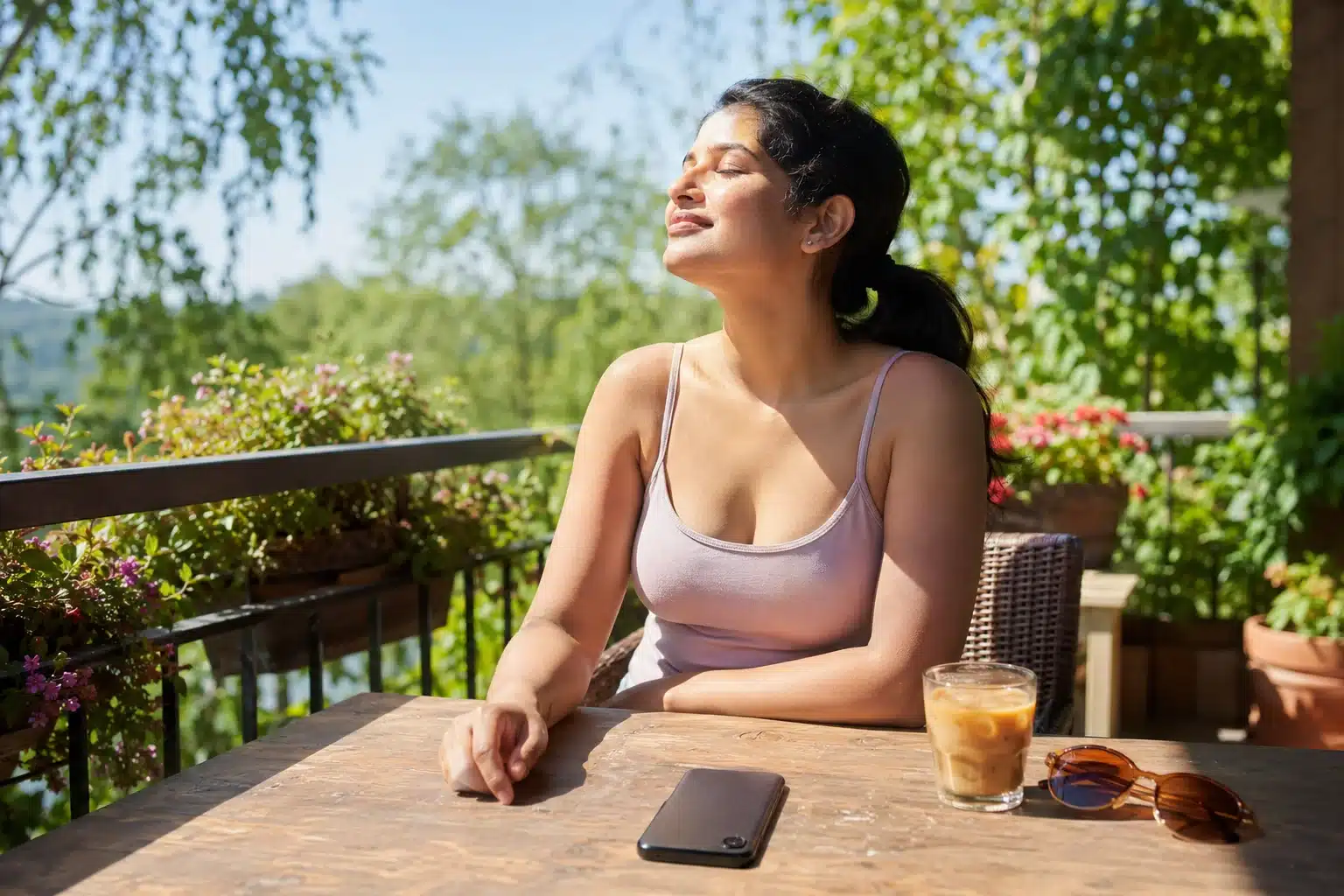 Summer habit to quit shown by a woman setting her phone face-down on a sunny table and turning toward the sunlight, choosing to quit a draining summer habit