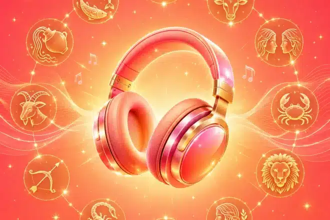 summer playlist 2026 shown by 12 zodiac symbols floating around glowing headphones on a bright coral background