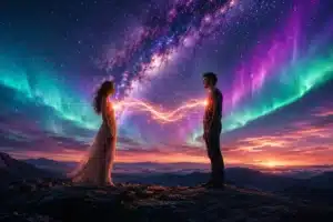 twin flame signals shown by a couple standing apart facing each other at night with a glowing ribbon of light energy linking their hearts under a starry aurora sky in a wide cinematic scene