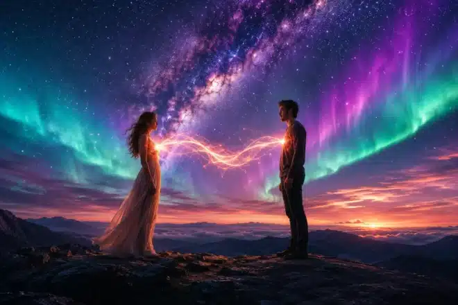 twin flame signals shown by a couple standing apart facing each other at night with a glowing ribbon of light energy linking their hearts under a starry aurora sky in a wide cinematic scene