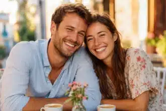 unbreakable zodiac couples shown by two people leaning into each other on a warm summer evening, wide shot