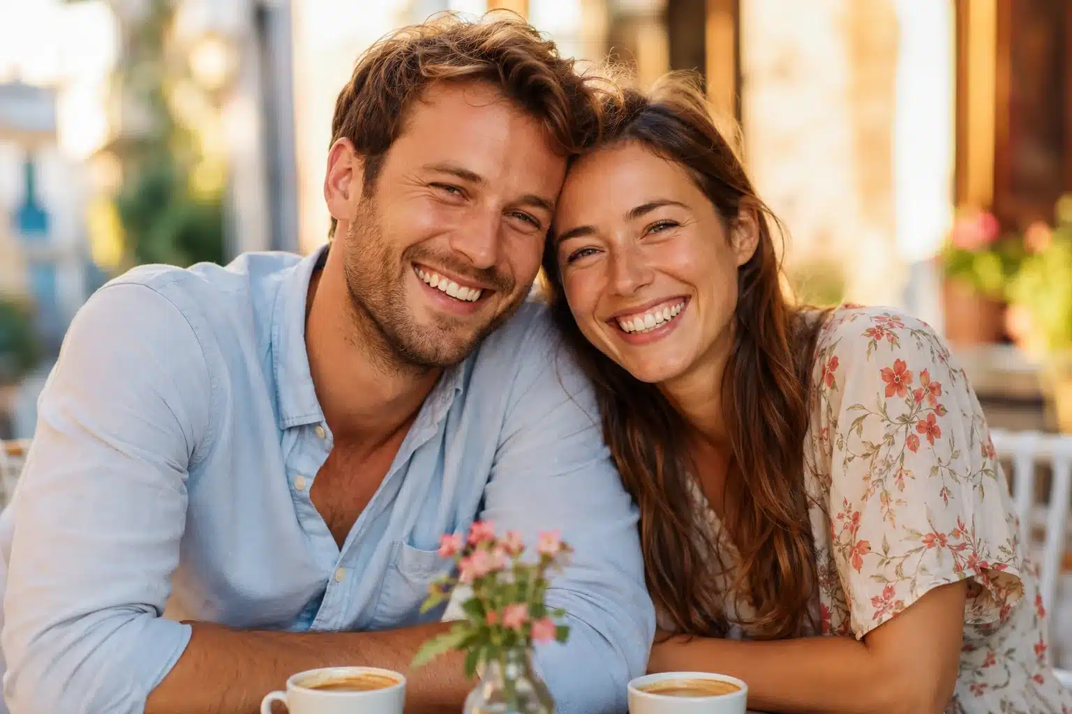 unbreakable zodiac couples shown by two people leaning into each other on a warm summer evening, wide shot