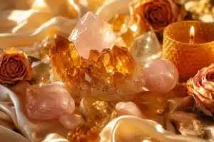 venus in leo crystals shown by citrine and rose quartz stones arranged on gold silk in warm light