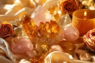 venus in leo crystals shown by citrine and rose quartz stones arranged on gold silk in warm light