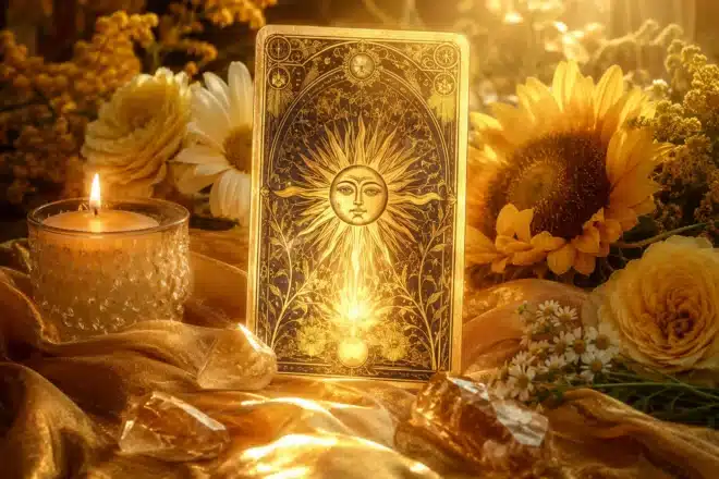 venus in leo tarot shown by a single glowing tarot card on a gold cloth surrounded by summer flowers