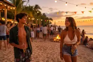 summer crush captured in a lively wide beach party scene at sunset where two young friends exchange a playful glance