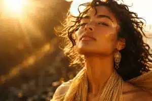 zodiac signs glow up shown by a radiant confident woman stepping into her power in warm golden light