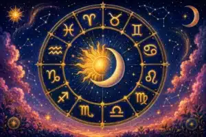 zodiac signs july 2026 shown by a calm figure standing at an open doorway with warm golden light spilling across a threshold at dusk