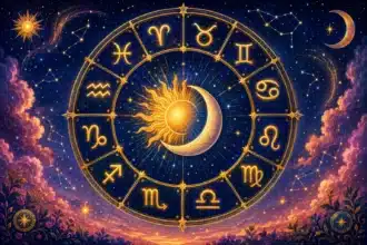 zodiac signs july 2026 shown by a calm figure standing at an open doorway with warm golden light spilling across a threshold at dusk