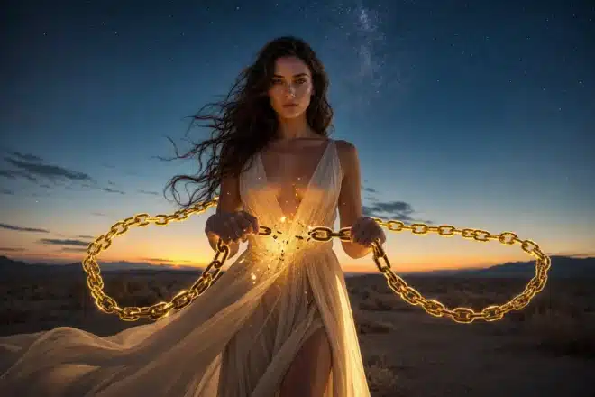 Woman breaking a golden chain at dusk, attracting the same problems pattern in astrology