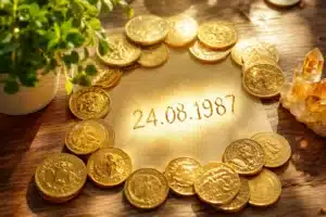 Coins arranged around a birth date number, the number you were born on and your money karma