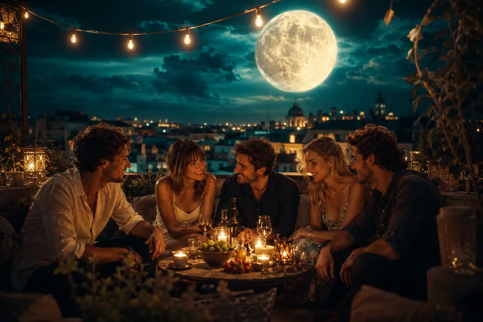 buck moon in aquarius shown by friends together on a rooftop under a huge glowing full moon at night