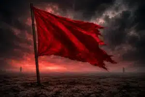 The friendship red flag, a big bold red flag dominating the foreground while two figures drift apart behind