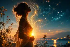 Listening to your gut feeling, a silhouette with a glowing orb of light at the solar plexus