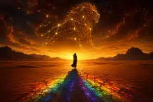 Leo season exposing everyone's true colors, a lion constellation over a silhouette casting rainbow shadow