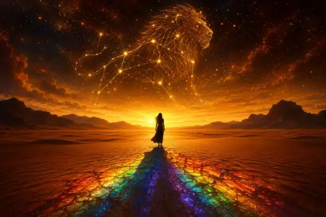 Leo season exposing everyone's true colors, a lion constellation over a silhouette casting rainbow shadow