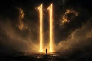 The master number 11 and its heavy price, two towering beams of light forming 11 in a misty void