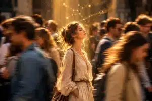 The underestimated zodiac sign, a calm figure in sharp focus standing out in a blurred rushing crowd with a Virgo constellation above