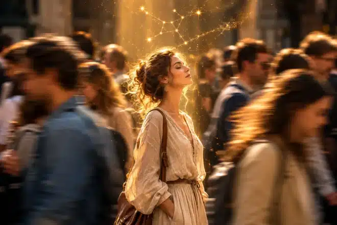 The underestimated zodiac sign, a calm figure in sharp focus standing out in a blurred rushing crowd with a Virgo constellation above