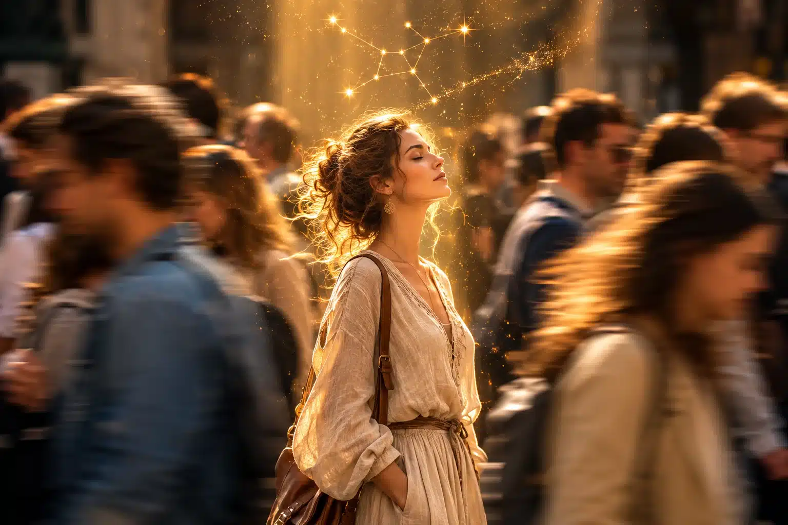 The underestimated zodiac sign, a calm figure in sharp focus standing out in a blurred rushing crowd with a Virgo constellation above