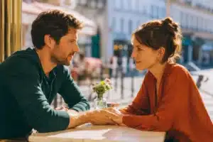Couple talking seriously across a small table, one question that reveals if a relationship will last