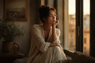 Woman gazing out a window at golden hour, the real reason you feel stuck when everything looks fine