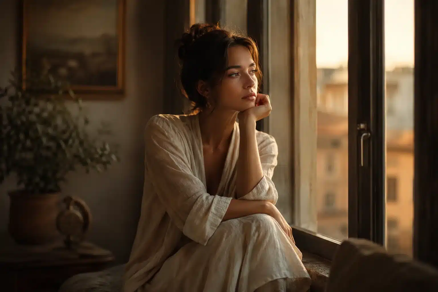Woman gazing out a window at golden hour, the real reason you feel stuck when everything looks fine
