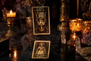Reversed tarot cards real meaning, an upside-down tarot card floating above its glowing reflection