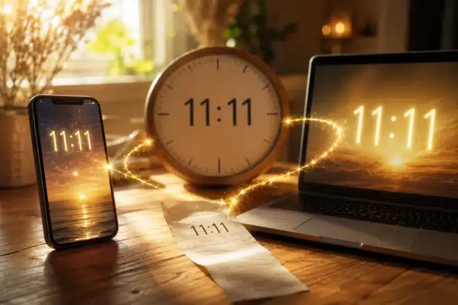 Seeing the same number everywhere, everyday objects all showing 11:11 with a warm magical glow