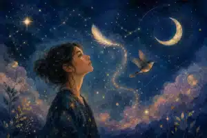 Dreamy celestial illustration of a woman watching signs the universe sends, feather, bird and crescent moon