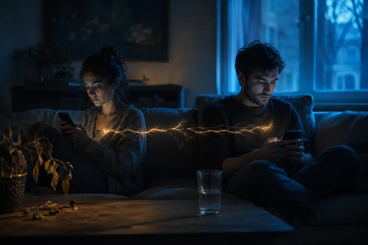The silent relationship killer, a couple emotionally distant on a couch with a broken thread of light between them