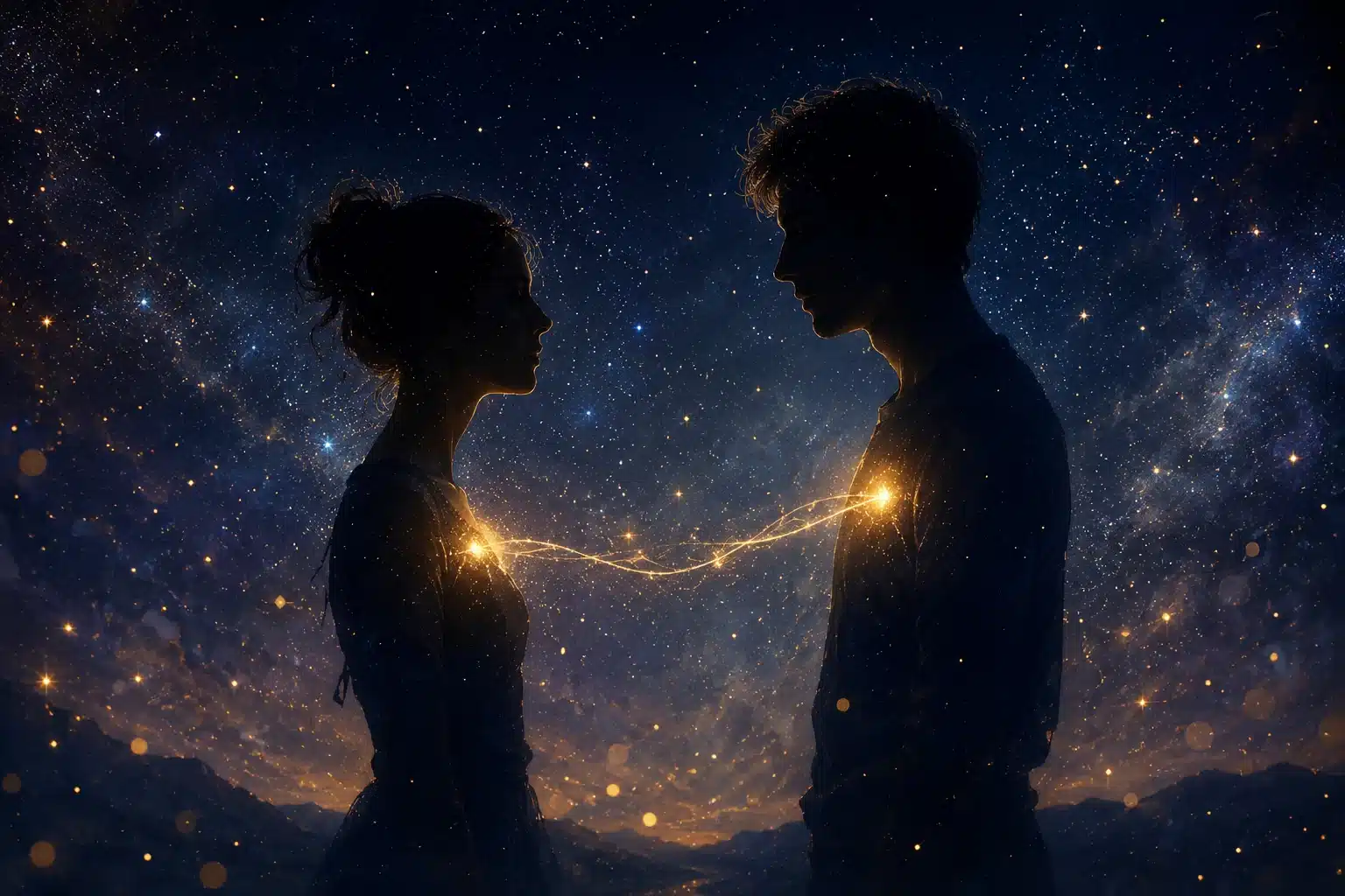 The love language nobody talks about, two silhouettes linked by a glowing thread of light