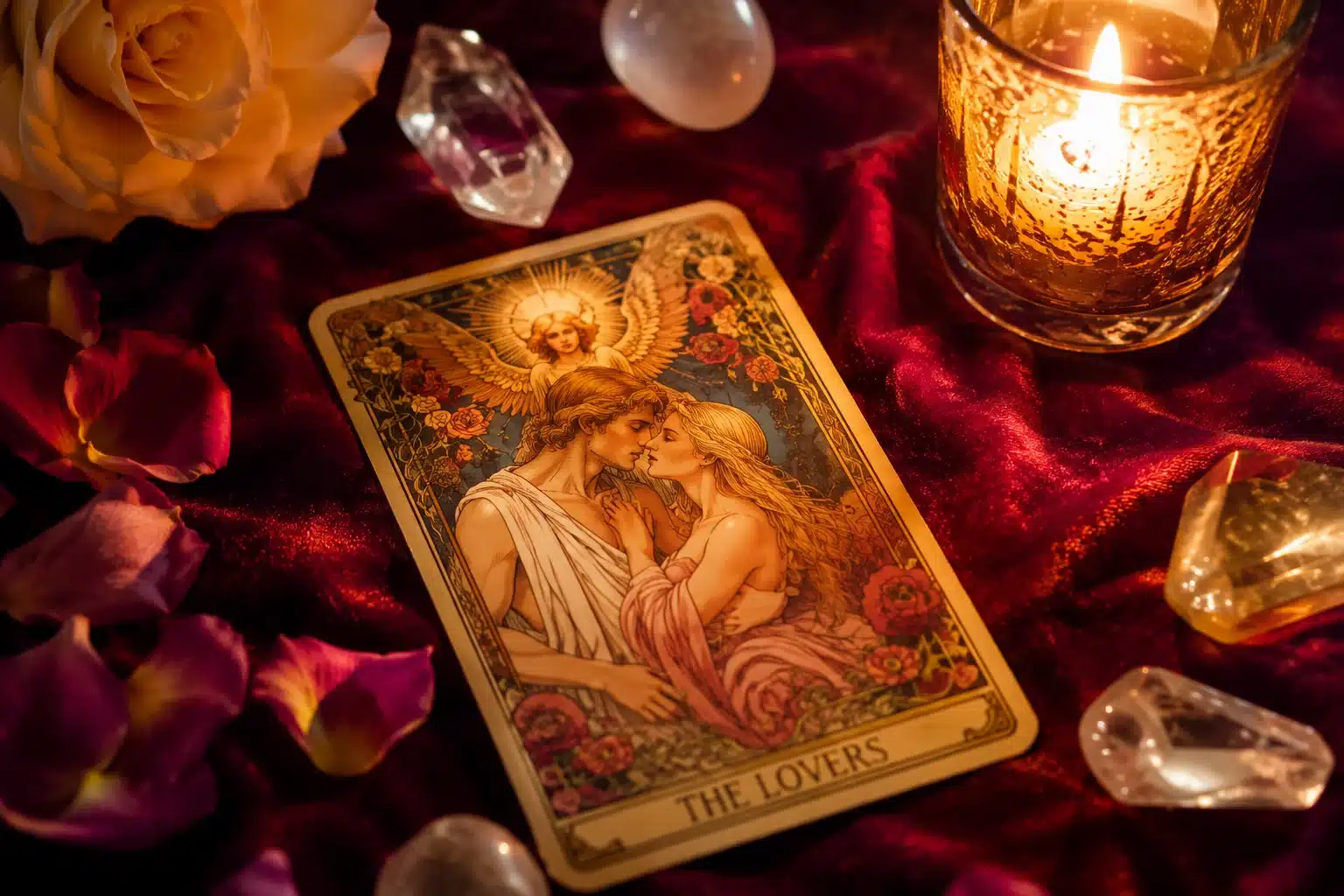 The Lovers tarot card glowing on velvet, the Lovers card and the person on your mind