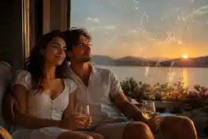 Why the right person feels boring, a calm content couple at home as ghostly chaotic fireworks fade away around them