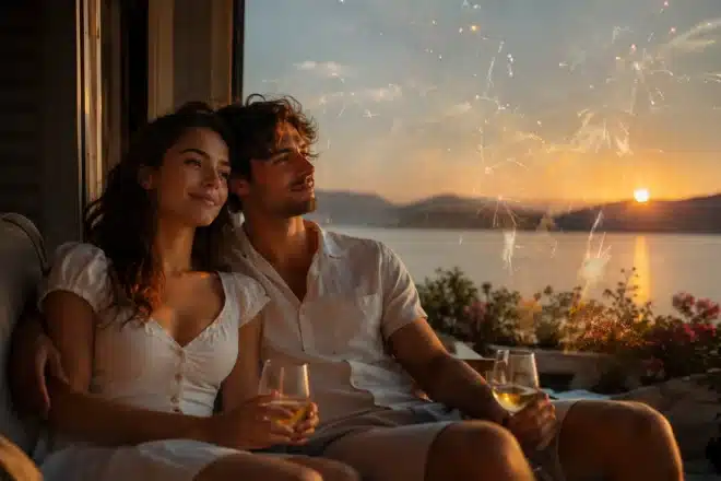 Why the right person feels boring, a calm content couple at home as ghostly chaotic fireworks fade away around them