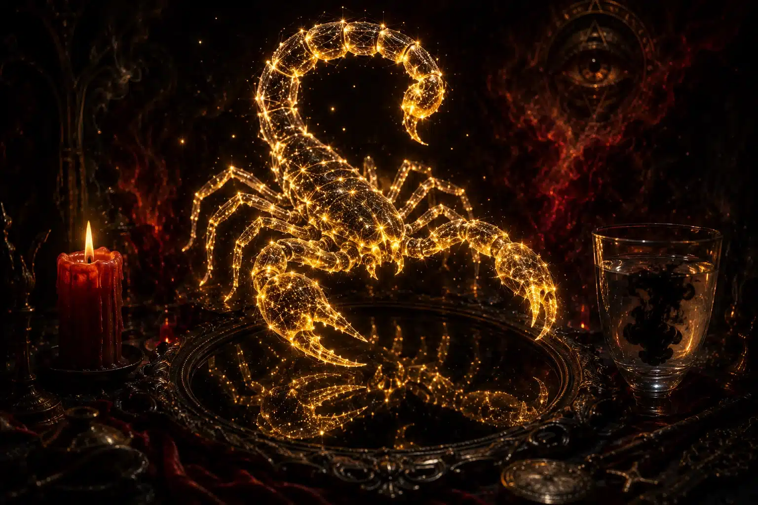 The zodiac sign you should never lie to, a bold glowing scorpion looming over a candlelit scrying mirror